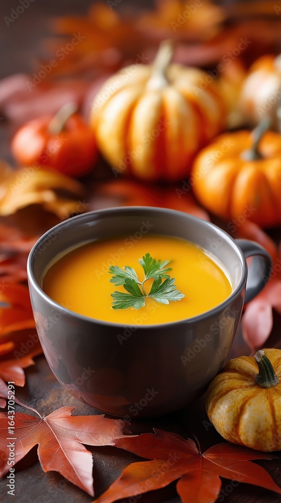 Autumn pumpkin soup in gray mug surrounded by colorful fall leaves and decorative gourds Autumn pumpkin soup in gray mug surrounded by colorful fall leaves and decorative gourds