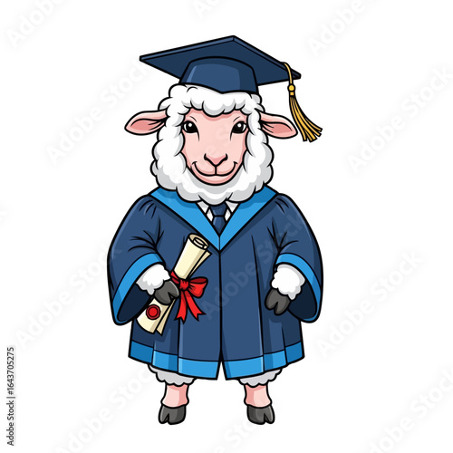 Vector art of a cute sheep wearing a graduation cap and gown holding a diploma, isolated on white background