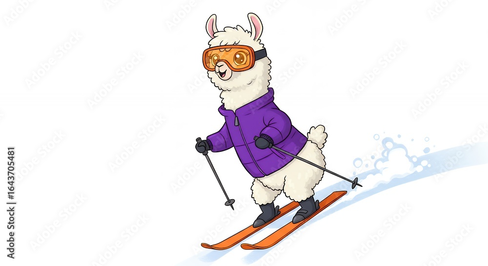 Fototapeta premium Cartoon llama skiing down snowy slope in winter attire