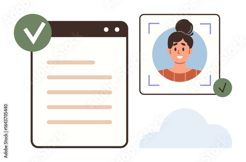 Profile photo within facial recognition frame, checklist box with approval checkmark, and cloud backdrop. Ideal for digital security, identification, privacy, compliance, AI, technology progress