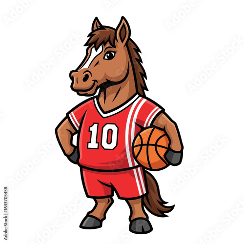 Vector art of cartoon horse basketball player dribbling a ball, isolated on white background
