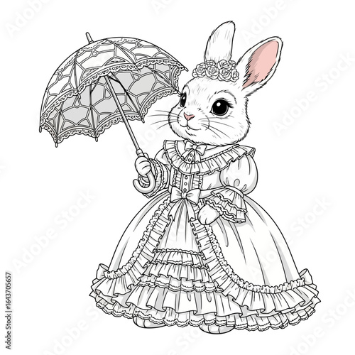 Vector art of elegant white rabbit dressed in a victorianstyle gown, holding a delicate umbrella, isolated on white background