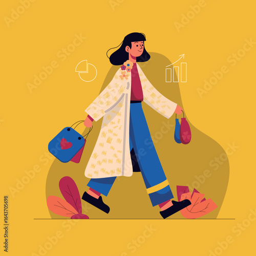 Creative illustration of a woman engaged in shopping activities designed with a hand-drawn style emphasizing fashion and lifestyle elements