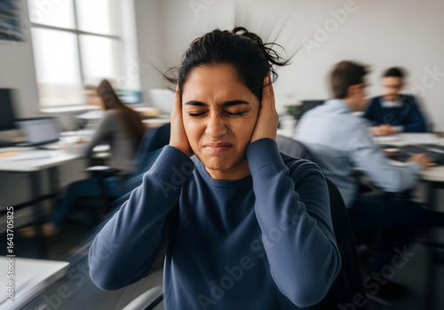 Autistic young indian woman with headphones in office eyes closed distressed showing sensory overload anxiety panic attack meltdown motion blur long exposure
