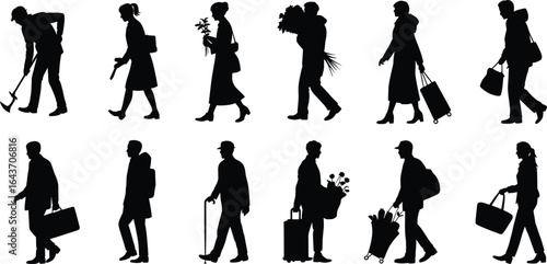 Silhouettes of people walking, shopping, gardening, traveling, carrying bags and flowers, everyday activity set, diverse human poses vector