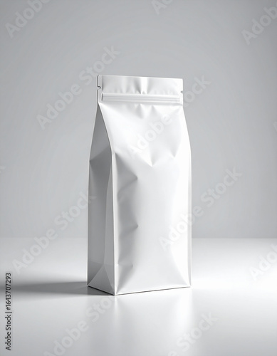 A minimalist mockup of a plain white coffee bag on a neutral grey background.