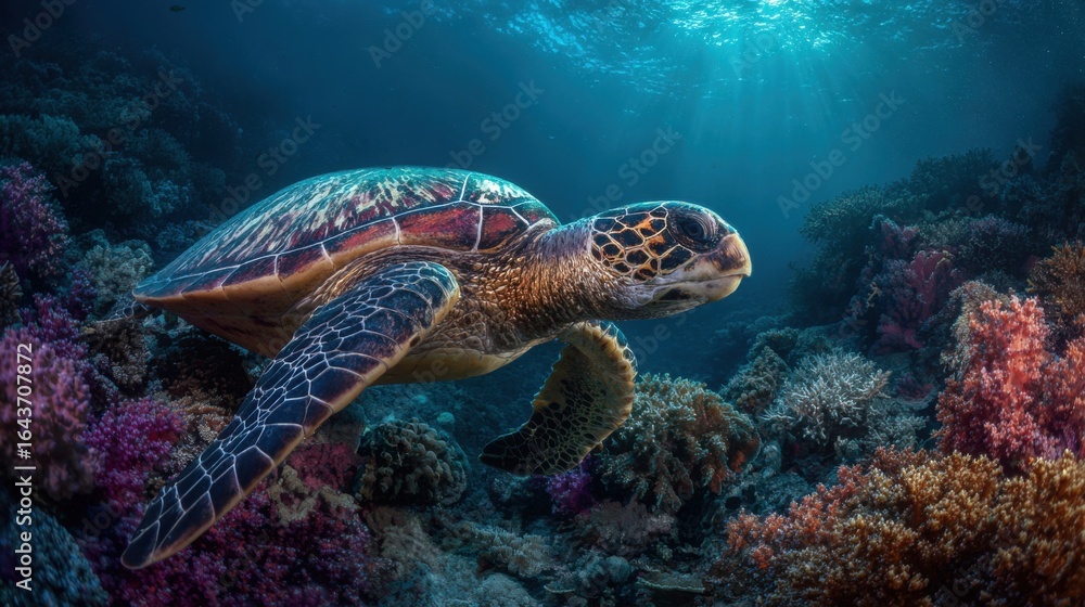 Obraz premium Hawksbill Sea Turtle Gliding Through Colorful Coral Gardens in Deep Tropical Waters