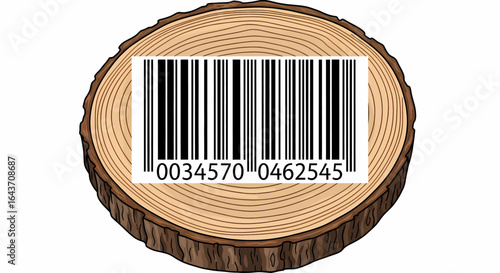 Wooden Cross-section with Barcode Symbolizing Natural Product Identification and Pricing