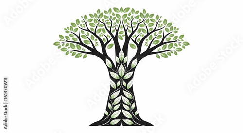 Elegant tree illustration with ornate leaf details on the trunk, representing concepts of life, ecology, and wisdom