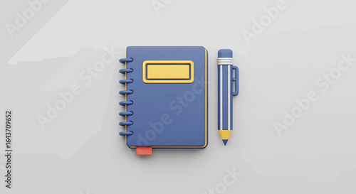 Minimalist 3D illustration of a blue spiral notebook and pencil, representing concepts of writing, education, planning, and creativity on an isolated background