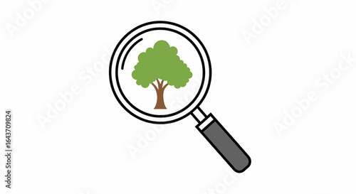 Magnifying glass icon focusing on a green tree, symbolizing environmental research, ecological analysis, and nature conservation