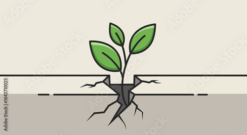 Symbol of strength and new beginnings, a green sprout emerges from a concrete crack in this vector illustration
