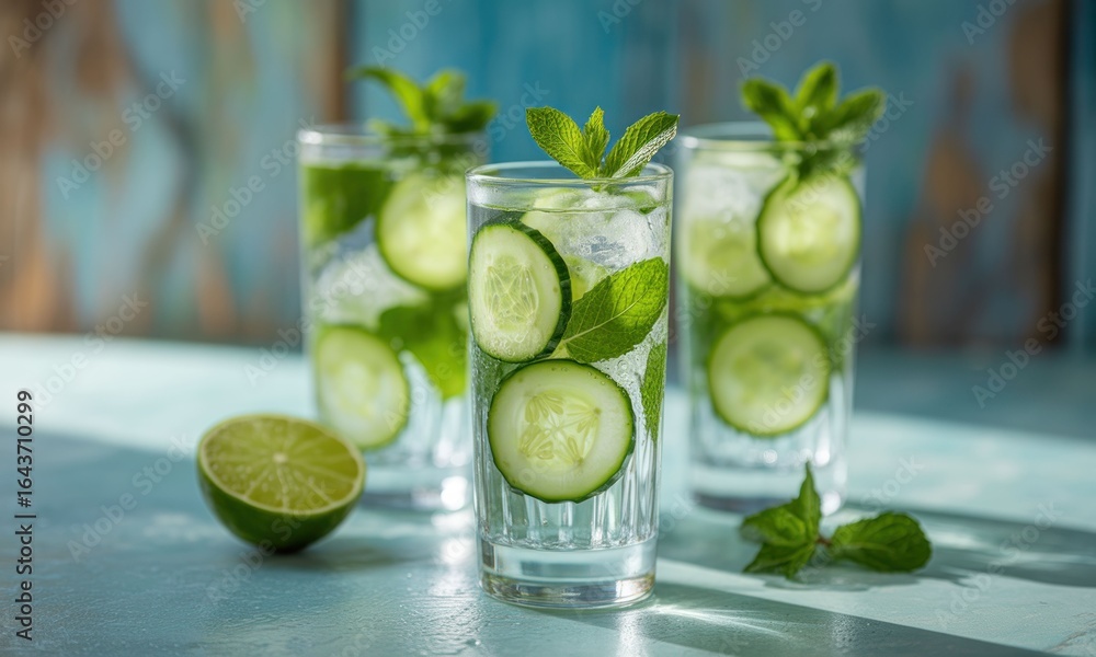 Refreshing cucumber and mint water in glasses Refreshing cucumber and mint water in glasses