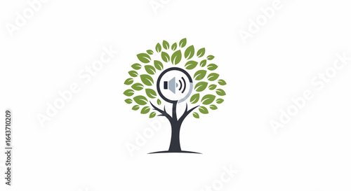 Creative symbol of a vibrant green tree with an audio speaker icon in its foliage, representing the fusion of nature, sound, and eco-friendly communication