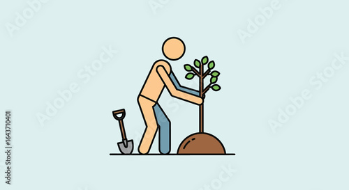 Conceptual graphic representing environmental stewardship, with a figure planting a sapling to foster growth and support reforestation efforts