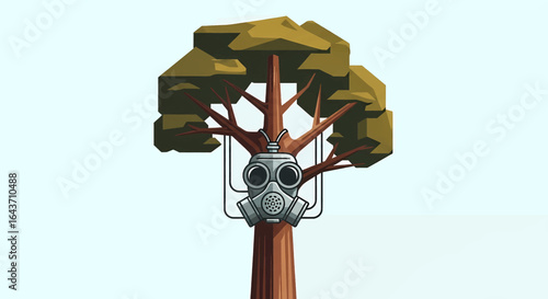 A conceptual illustration of a tree wearing a gas mask, a powerful symbol of air pollution, environmental crisis, and nature's survival