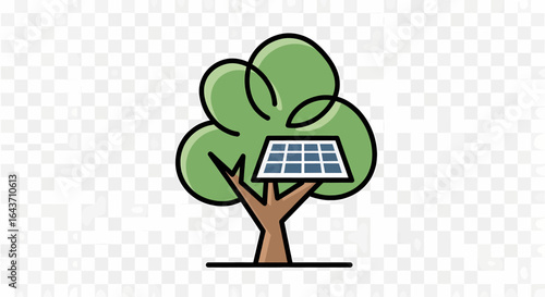Conceptual illustration of a tree with a solar panel, representing the fusion of nature and renewable energy technology for a sustainable future