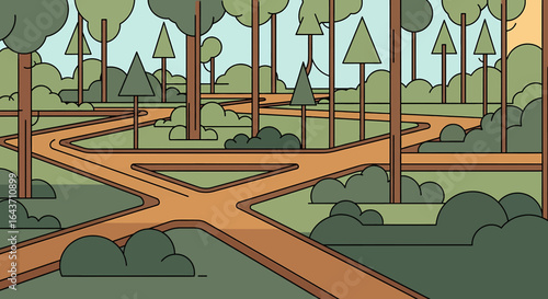 Vector illustration of a tranquil woodland scene with intersecting trails representing different life directions and decisions
