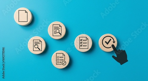Process flow of business documentation, review, and approval. Hand clicking through stages of a workflow system.