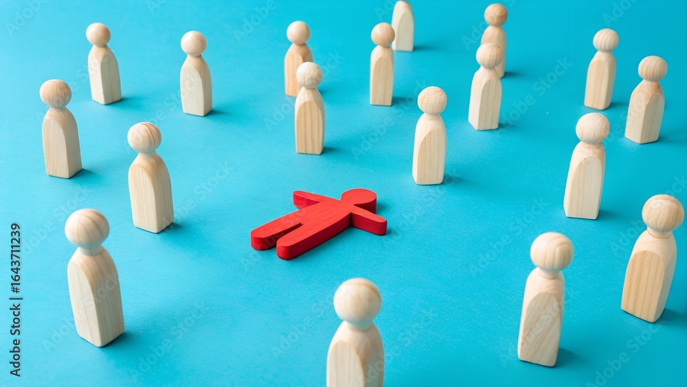 Obraz premium Social Exclusion Concept – Isolation, Group Dynamics, Individual Focus, Abstract, Conceptual, Wooden Figurines, Red Figure, Blue Background