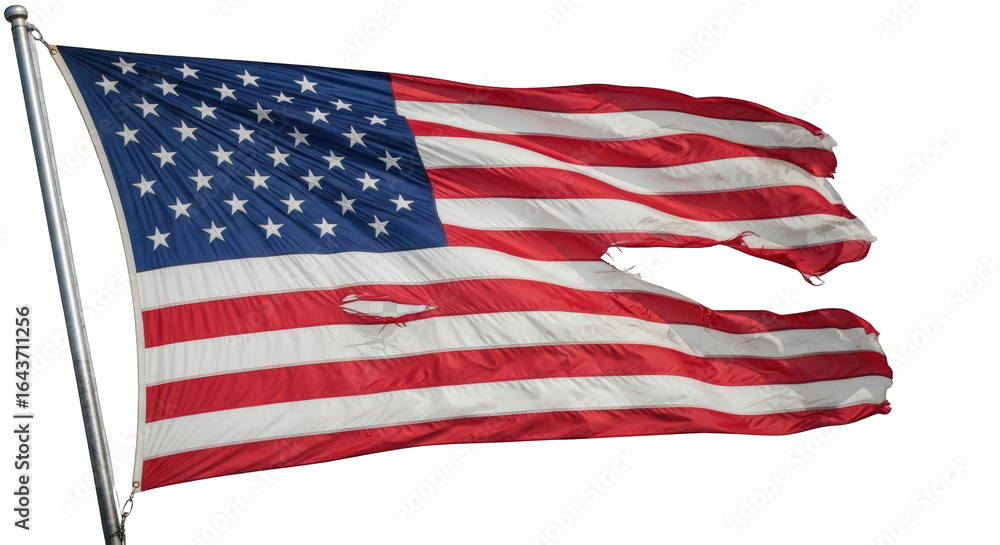 Fototapeta premium Tattered American Flag Waving on Pole america usa united states stars stripes red white blue wind fabric textile national symbol