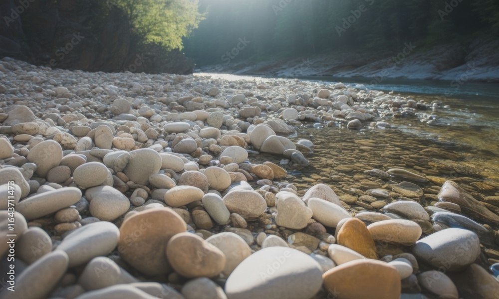 Obraz premium Riverbank strewn with smooth stones, sunlight