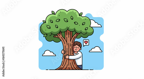 Person hugging a large tree, symbolizing connection with nature and environmental care, illustration