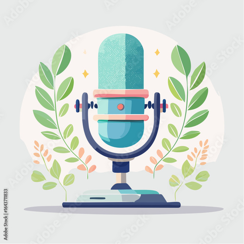 Podcast Microphone with Floral Elements: Watercolor-Style Audio Recording
