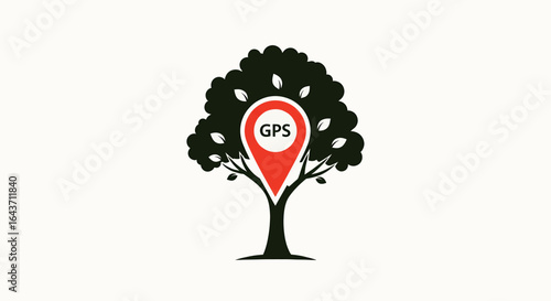Abstract representation of a tree with a GPS location marker integrated into its canopy symbolizing nature and navigation