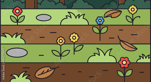 Nature's beauty in a flat design illustration, showcasing layered earth, vibrant flowers, and fallen leaves amidst lush greenery, evoking a sense of tranquility and growth
