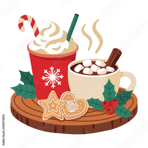 Cozy Hot Chocolate and Coffee with Christmas Cookies. Festive Winter Drink Illustration