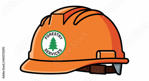 Orange hard hat with a circular forestry services logo featuring a green tree inside a white circle