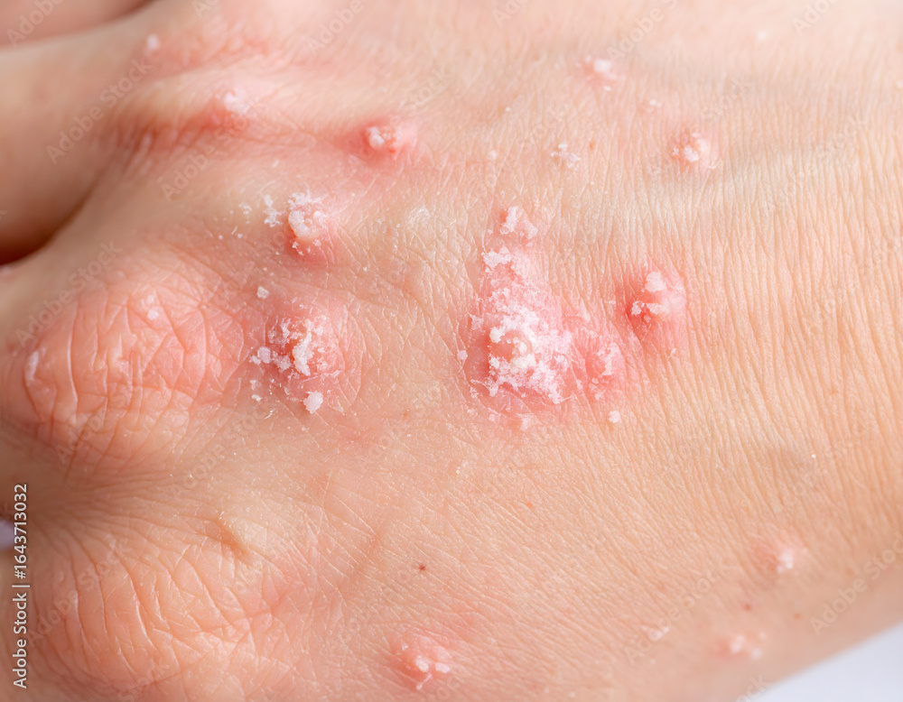 Fototapeta premium Macro photograph of human skin affected by psoriasis, showing redness, scaling, and inflammation – ideal for dermatology education, medical articles, and skin disease awareness