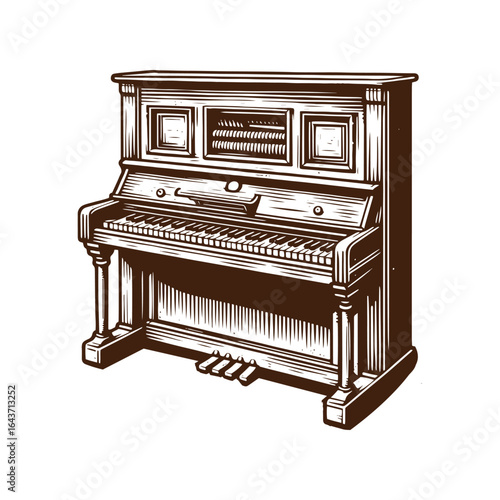 Old Western Saloon Piano with Missing Keys – Black and White Vector Illustration