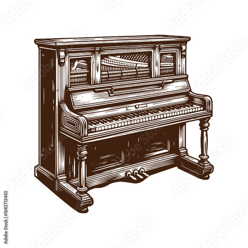 Old Western Saloon Piano with Missing Keys – Black and White Vector Illustration