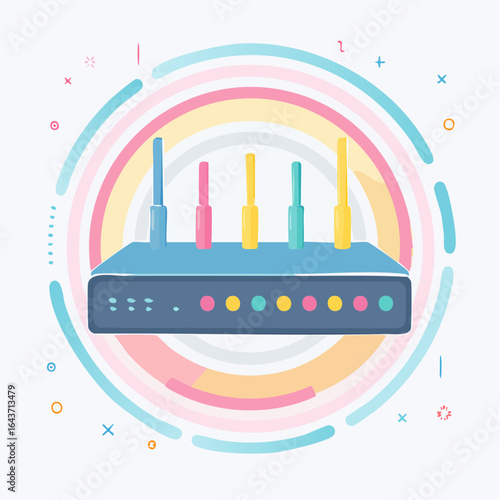 Cartoon Router with Colorful Antennae and Geometric Background Design