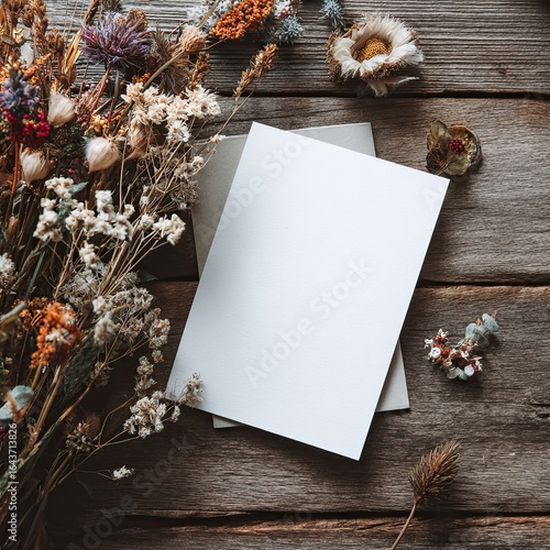 Open blank greeting card on wooden table