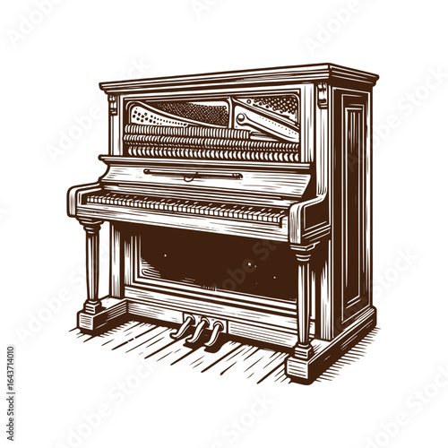 Old Western Saloon Piano with Missing Keys – Black and White Vector Illustration