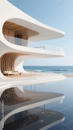 Modern Curved Architecture by the Sea with Reflective Pool