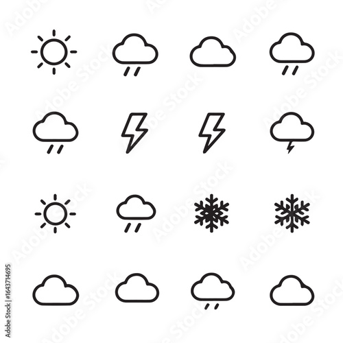 Collection of simple line drawing style weather related elements icon set