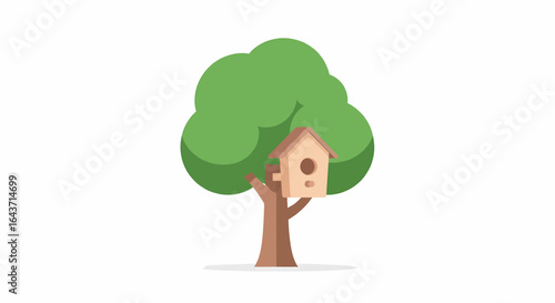 Playful illustration of a cartoon tree with a red‑roofed birdhouse on a curved branch, green leaves and a curious bird viewed from the front