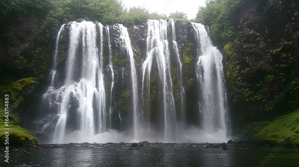Naklejka premium Majestic Waterfall Cascading Down Mossy Cliffs