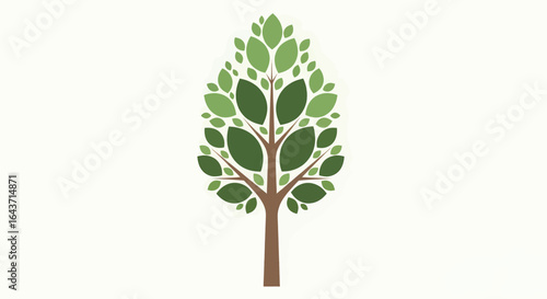 Centered minimalist tree illustration showcasing brown trunk, branching limbs, vibrant green leaves on white backdrop from a frontal viewpoint