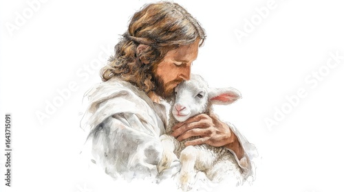 Watercolor painting of Jesus holding a baby lamb in gentle embrace, symbolizing love, compassion, and peace, ideal for religious art prints and Christian decor