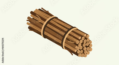 Diagonal view of a neatly arranged bundle of sticks tied with twine, illustrated on a plain off‑white background, emphasizing simplicity