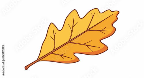 Centered cartoon illustration of a vibrant yellow oak leaf with detailed veins, viewed from side, digital art style, close-up perspective