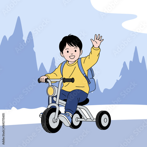 Happy boy riding a tricycle on a snowy day waving hello
