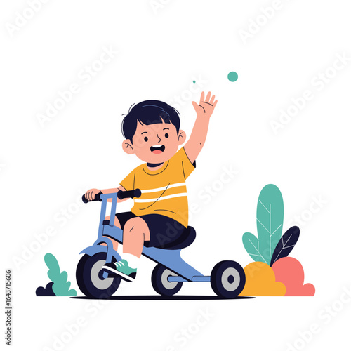 Happy young boy waving cheerfully while riding a blue tricycle outdoors