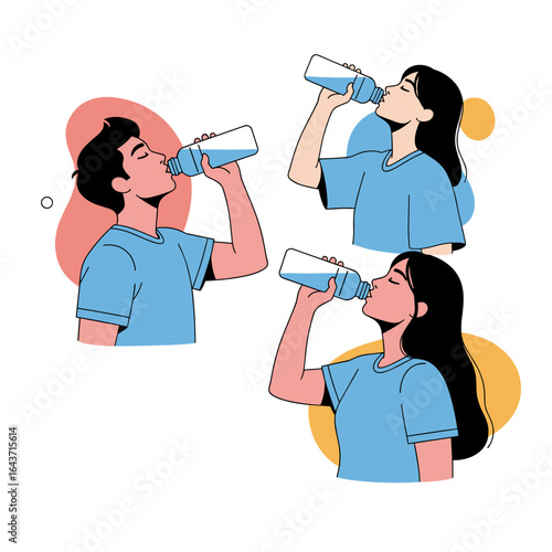 Young adults refreshing themselves with hydration and water bottles outdoors
