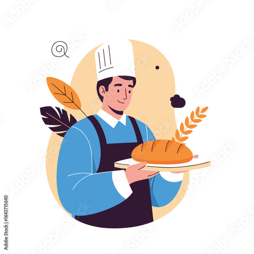 Skilled baker proudly presents delicious golden freshly baked artisan bread